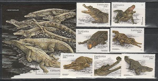 Рептилии, Крокодилы, Танзания 1996, 7 марок + блок
